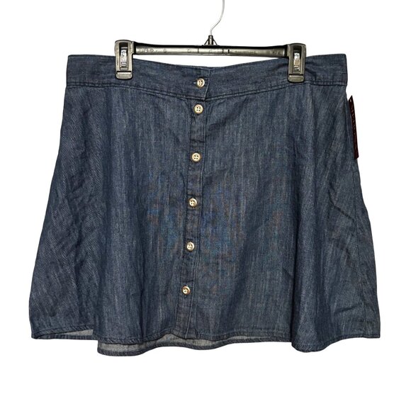 Merona Button Front Denim Flare Skirt Large 100% Cotton Elastic Back Waistband - Picture 1 of 8